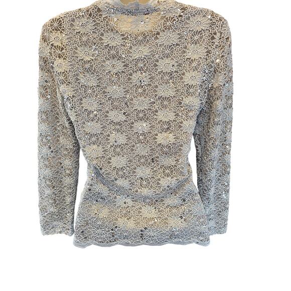 Purple grey faux wrap lace long sleeve layered blouse S USA made sequin sparkle - Picture 2 of 7